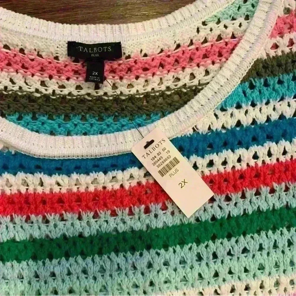 Talbots Rainbow Striped Crochet Looseknit Crewneck Pullover Preppy Vest Size 2X - Picture 2 of 6